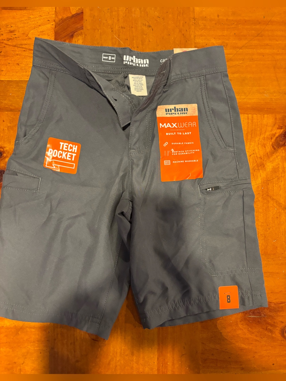 Boys 8 regular urban pipeline Gray Tech Pocket Kids Shorts with Orange Accents